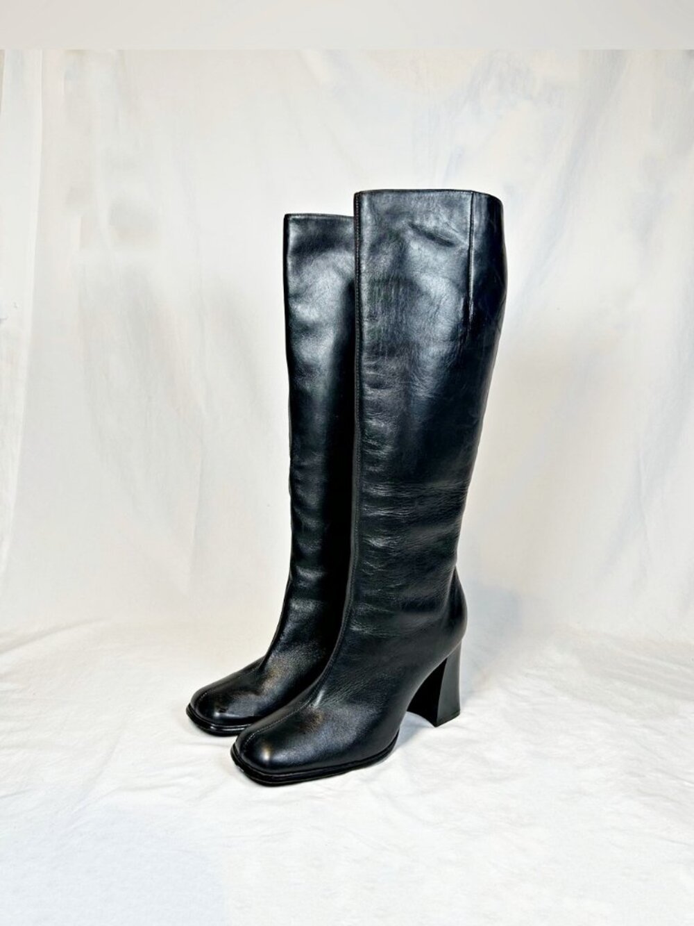 Vintage Y2K Newport News Black Leather Square Toe Knee High Zip Riding Boots~10~